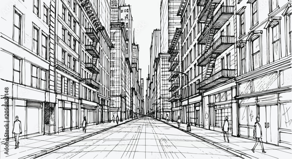 Fototapeta premium Urban City Street Architectural Sketch Vector Illustration Drawing