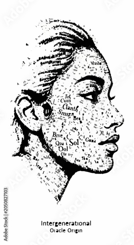 Intricate portrait of a woman's face formed by scattered words and symbols, representing heritage and connection.