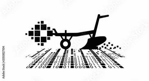 Digital agriculture concept with a plow and binary code pattern