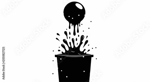 Black liquid splashing out of a container with a sphere above