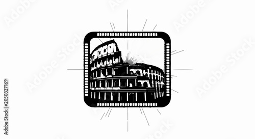 Historic amphitheater framed by vintage film reel, evoking cinematic travel and iconic landmarks.