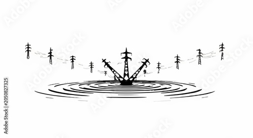 Towering electricity pylons create a crown over rippling water, symbolizing power and connection.