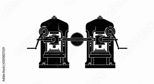 Symmetrical industrial machines with connecting rod, symbolizing connection and industry.