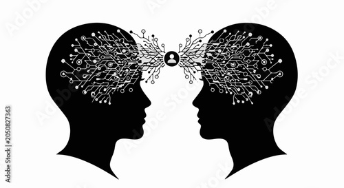 Two profiles connect through shared thoughts and digital networks, symbolizing communication and ideas.