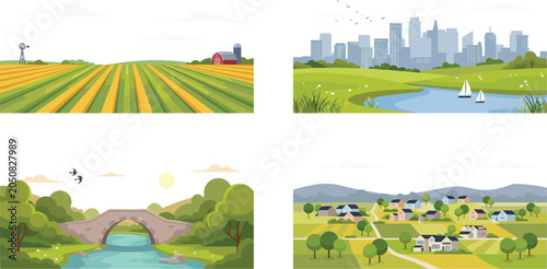 Bild auf Leinwand Landscape Banner Set with Agricultural Farm Field City Skyline Park River Stone