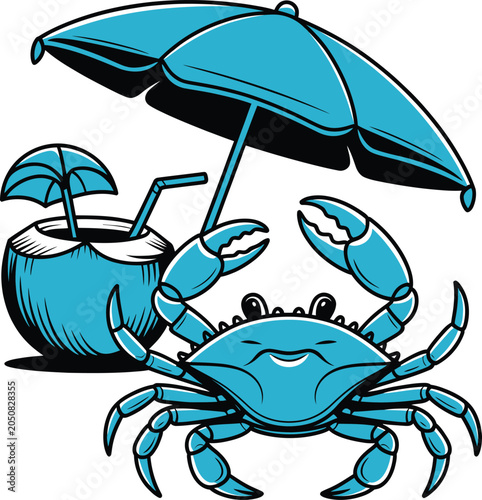 Cute Blue Crab Relaxing Under Beach Umbrella with Tropical Drink, Fun Summer Coastal Cartoon Illustration Isolated on White Background

