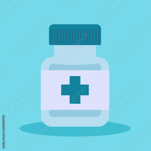 A medical bottle with medical liquid. An illustration of medication in a blue bottle.