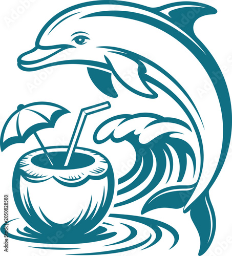 Cute Dolphin with Coconut Drink and Tropical Wave Beach Illustration Isolated on White Background

