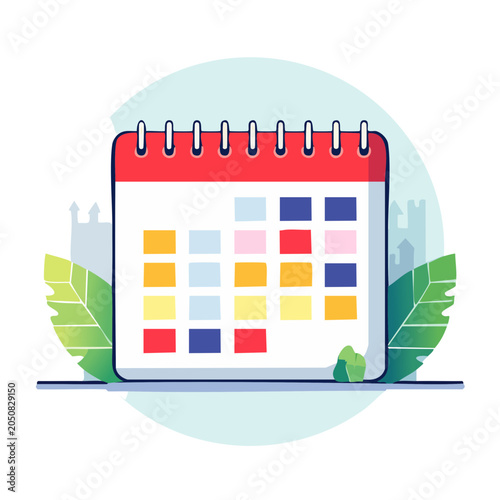Flat design illustration of a colorful calendar with leaves