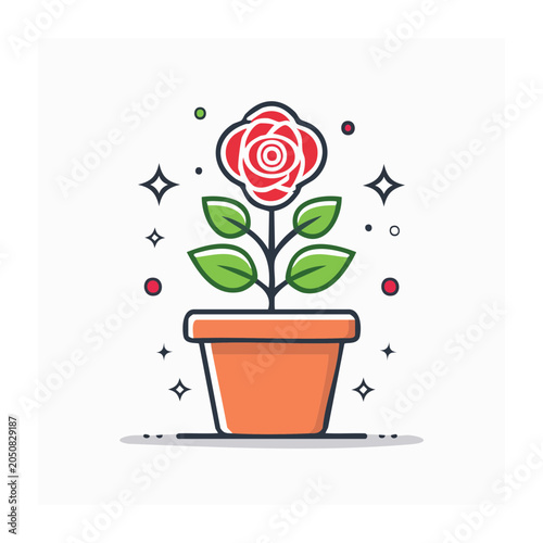 Flat design illustration of a red rose growing in an orange pot