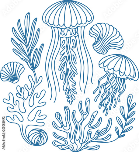 Detailed Underwater Coral Reef Frame with Jellyfish, Seaweed, Shells and Marine Plants Isolated on White Background

