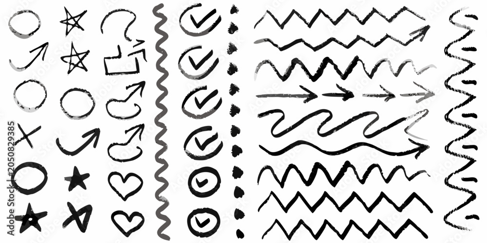 Obraz premium Collection Of Hand drawn Black Ink Symbols On White Background