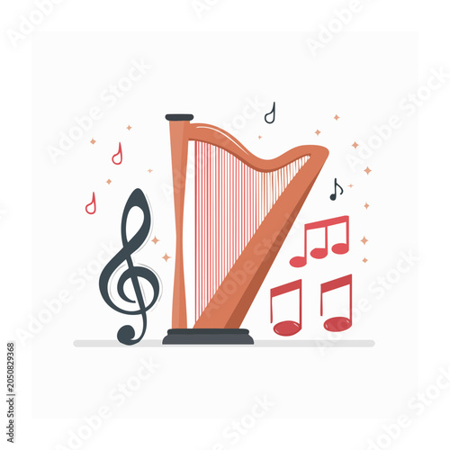 Illustration of a harp with music notes and treble clef