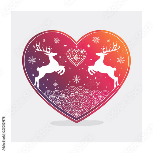 Heart shape with reindeer and snowflakes, festive gradient background
