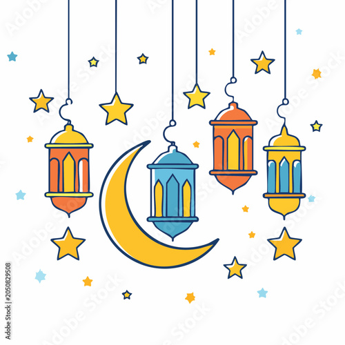 Ramadan Lanterns and Crescent Moon Illustration