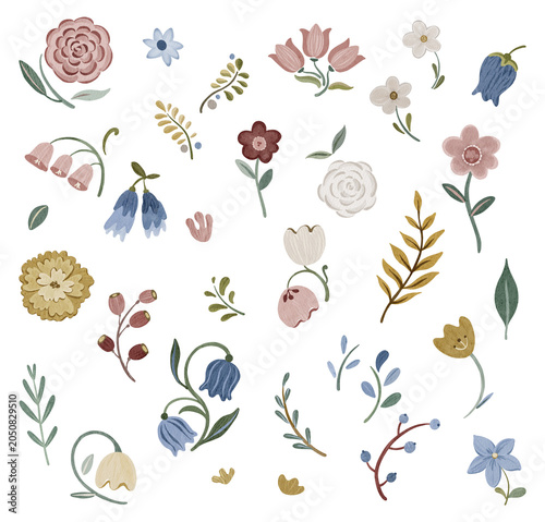 Scandinavian Folk Art Floral Elements Collection | Hand Drawn Botanical Clipart Set