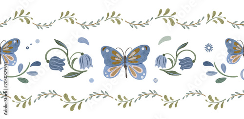 Scandinavian Folk Border Seamless Floral Trim with Blue Butterflies and Bellflowers