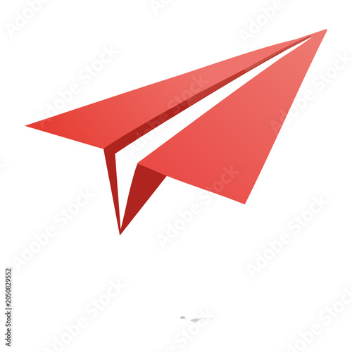Red paper airplane flying on white background