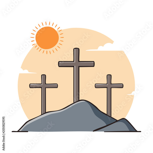 Three crosses on a hill under the sun, flat design illustration
