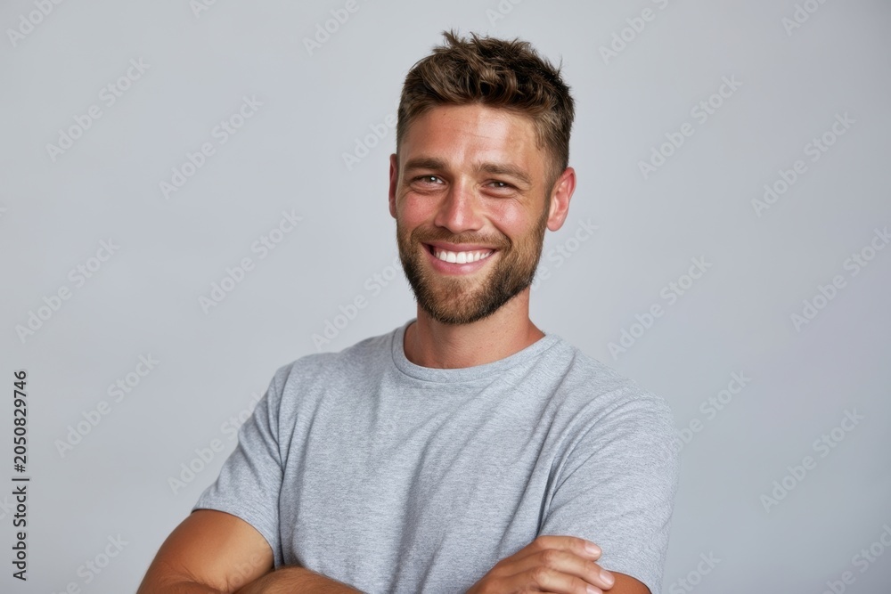 Obraz premium The smiling man in a gray t-shirt with folded arms studio portrait