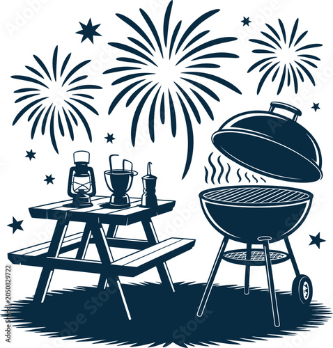 Festive Barbecue Picnic Scene with Grill, Picnic Table, Drinks and Fireworks for Summer Celebration Isolated on White Background

