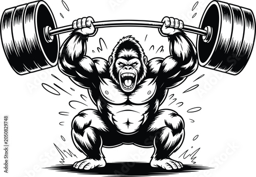 Powerful Gorilla Bodybuilder Lifting a Heavy Barbell in Dynamic Fitness Pose Isolated on White Background

