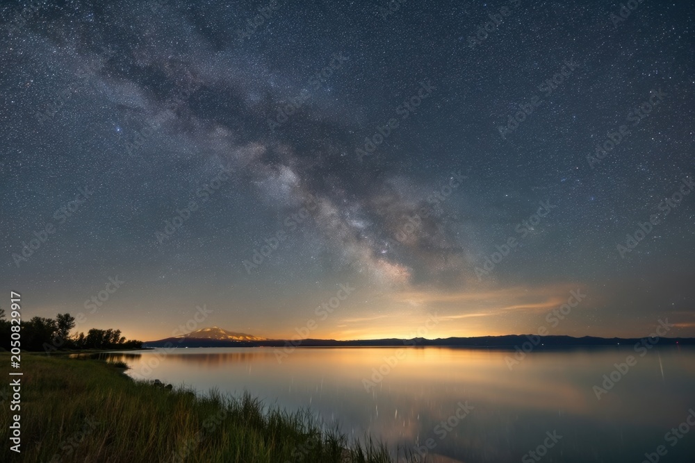 Obraz premium The Milky Way arching over a tranquil mountain lake with glowing horizon reflections
