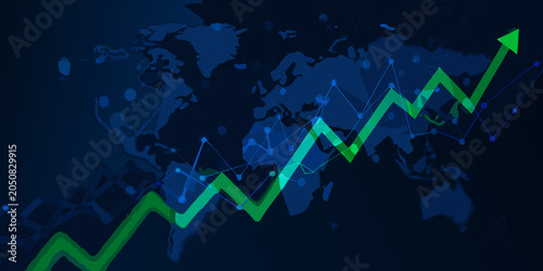 Rising graph with world map background digital vector illustration