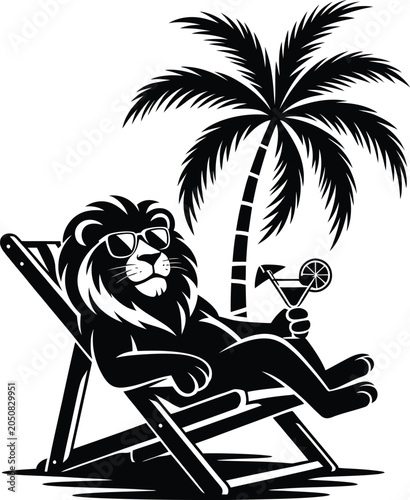 Relaxed Lion Lounging on a Beach Chair with Tropical Drink, Summer Vacation Animal Illustration Isolated on White Background

