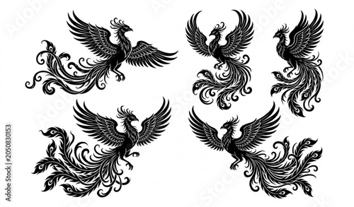 Schilderij op canvas Black phoenix collection six ornithological illustrations for design projects