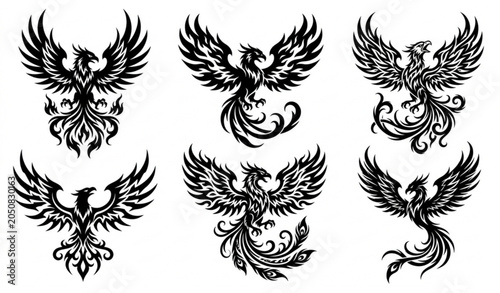 Quadro em tela Six blackwork phoenix designs with winged mythical bird motifs