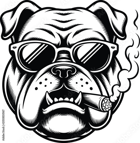 Cool Bulldog Wearing Sunglasses and Smoking Cigar, Bold Cartoon Dog Character Illustration Isolated on White Background

