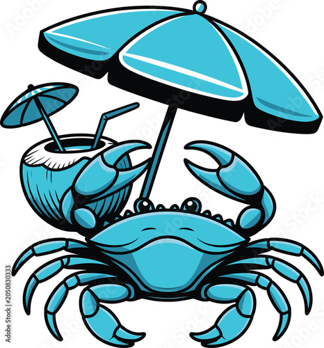 Cute Blue Crab with Beach Umbrella and Drink, Fun Summer Coastal Cartoon Character Illustration Isolated on White Background

