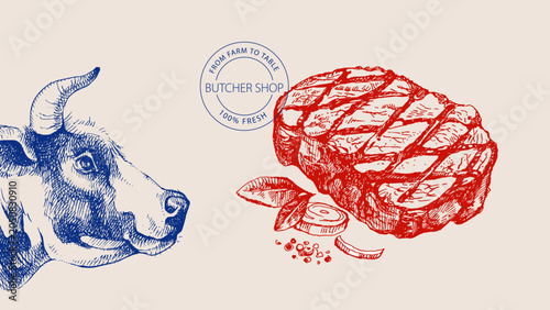 Photos Hand drawn sketch meat butcher shop poster