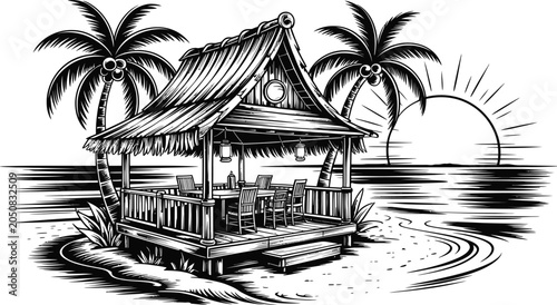 Rustic Tropical Beach Hut Pavilion with Thatched Roof, Palm Trees and Coastal Ocean View Illustration Isolated on White Background

