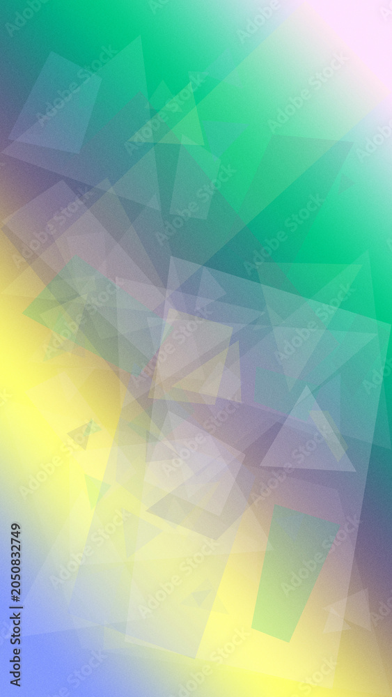 Obraz premium Abstract geometric triangles in refreshing green, blue, and yellow pastel gradients with soft light glow, ideal as a background for wellness, tech, or events.