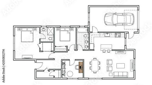 Modern house floor plan with two bedrooms, two bathrooms, open living area, and a garage