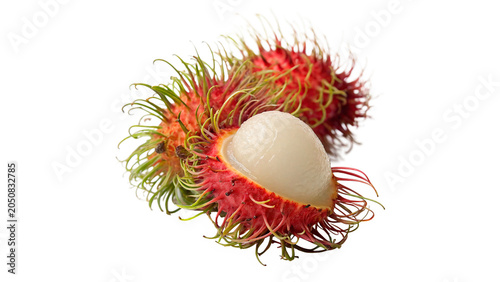 Obraz na plátně Fresh exotic rambutan fruit open shell with white pulp isolated on transparent b