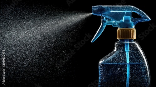 Blue Plastic Trigger Sprayer Releasing Fine Mist of Water Against a Dark Background