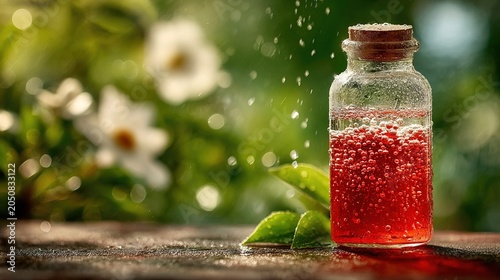Realistic Dew Drops On A Glass Bottle With Red Liquid And Bokeh Background