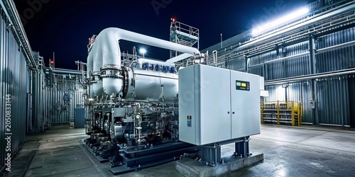 Industrial Facility with Large Compressor Equipment, Pipelines, and Control Panel Technology