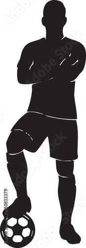Soccer player standing with ball, confident athlete silhouette pose for sports branding and marketing, flat vector illustration
