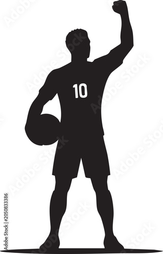 Basketball player celebrating victory with raised fist, confident athlete silhouette for sports branding, flat vector illustration
