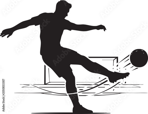 Soccer player kicking ball toward goal, powerful athlete silhouette in match action scene, flat vector illustration