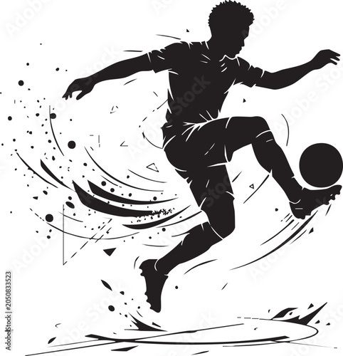 Soccer player performing freestyle ball control, dynamic athlete silhouette with abstract motion elements, flat vector illustration