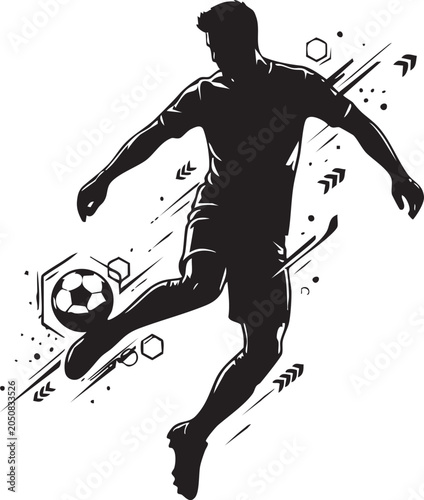 Soccer player kicking football with abstract geometric motion elements, dynamic sports silhouette artwork, flat vector illustration
