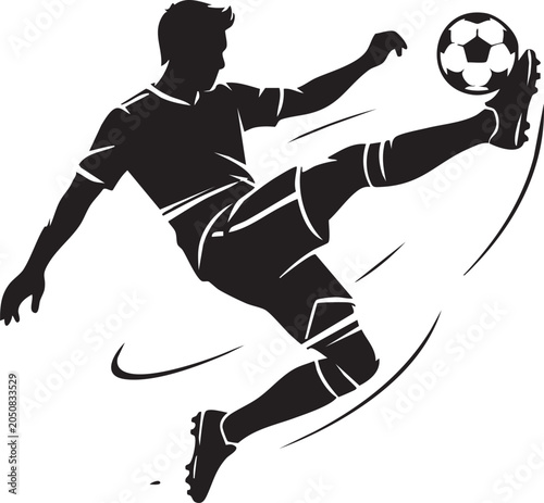 Soccer player performing bicycle kick with ball, dynamic athlete silhouette in action, sports design, flat vector illustration