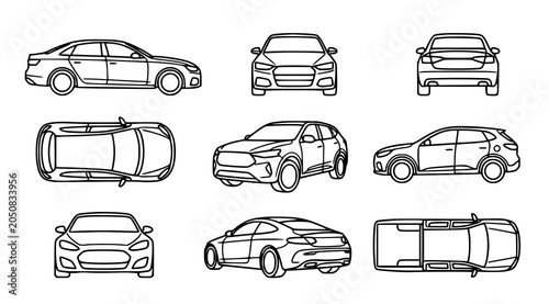 Obraz na płótnie Automotive design sketches nine line art views of a modern compact crossover veh