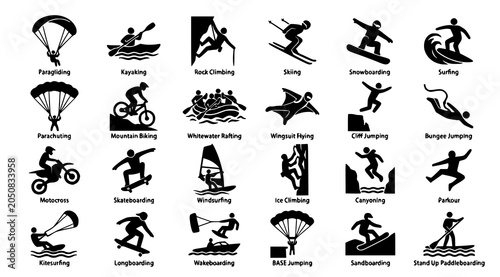 Schilderij op canvas Extreme sports icons collection vector illustration of adventure activities for