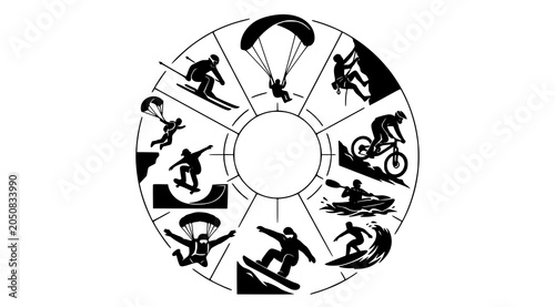 Foto Extreme sports wheel icon black silhouette illustrations of adventure activities